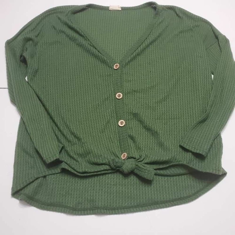 Bibi Womens Thermal Cardigan Sweater Green Button V Neck Waffle Knit Tie Front S